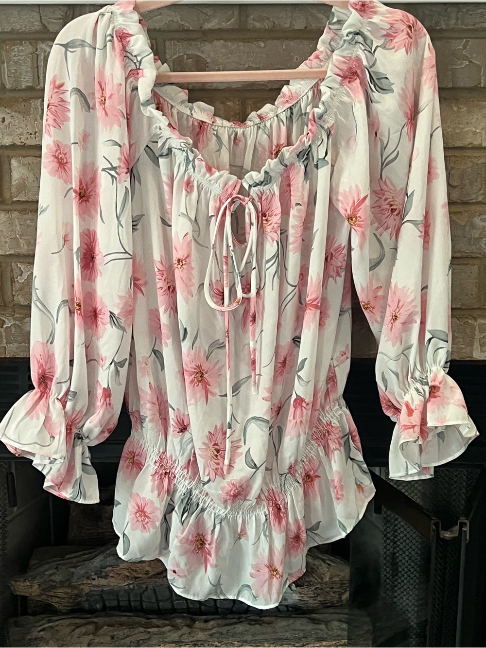 White and Pink Floral Ruffle Peasant Blouse